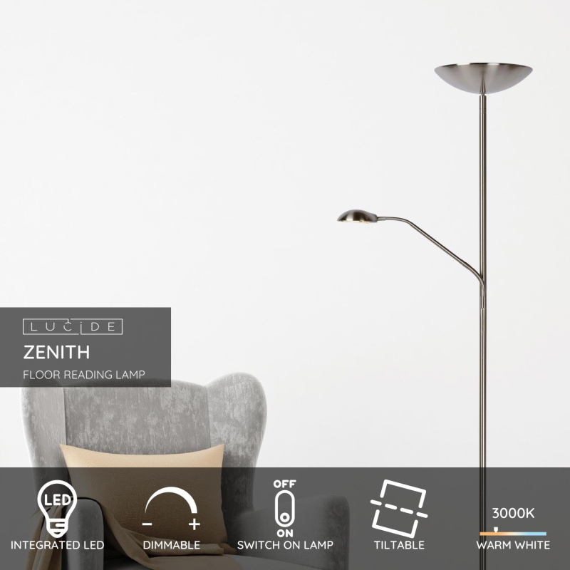 Lucide ZENITH - Stojacia lampa na čítanie - LED Dim. - 3000K - Satin Chrome